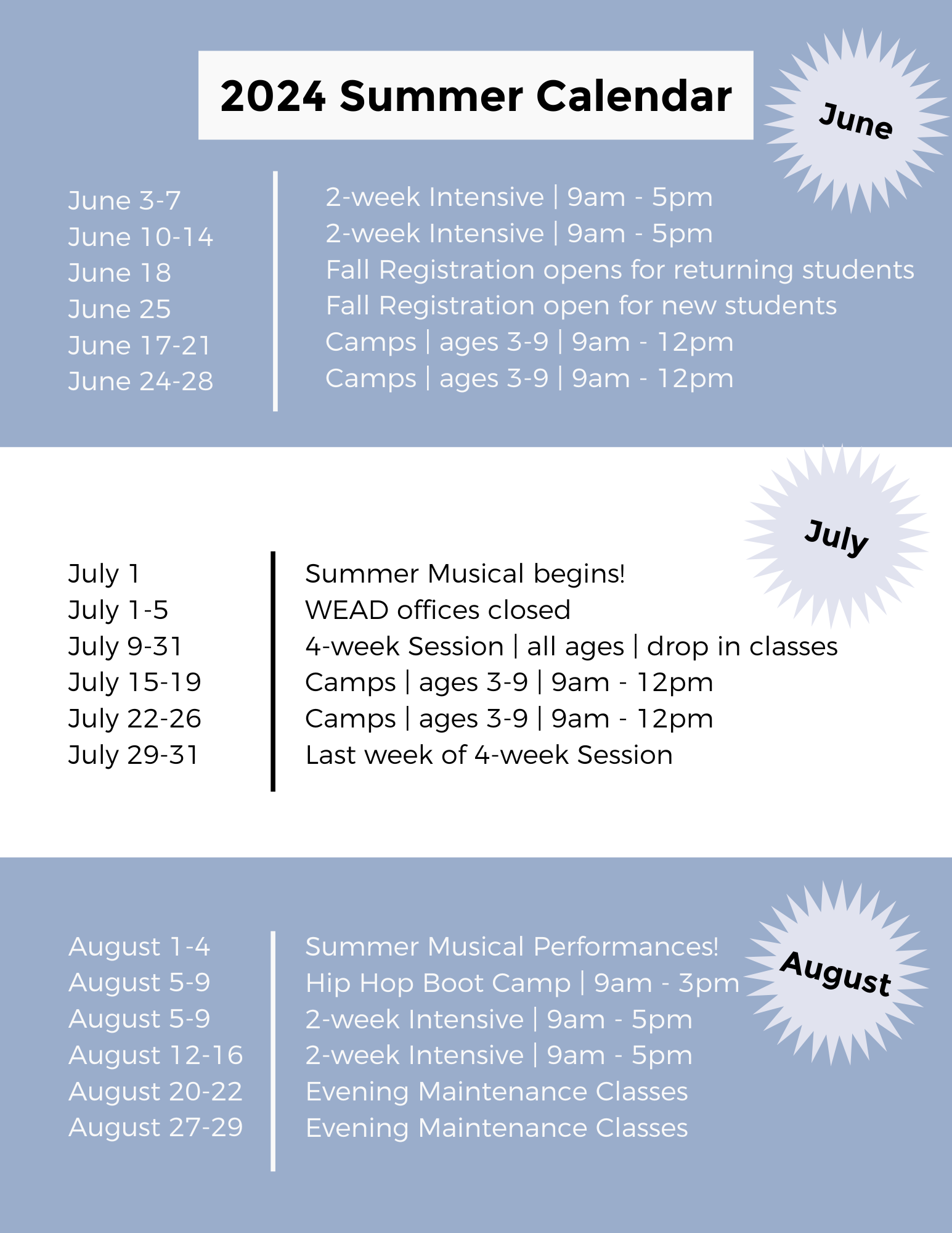 3 month Summer Calendar 2024 WEAD